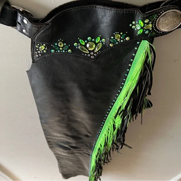 Black Leather Chaps with Green Fringe and Rhinestone Embellishments - Picture 2 of 16